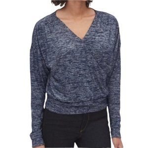 New Gap Soft Knit Wrap Front Banded Hem Long Sleeve Top Marled Navy Size Small